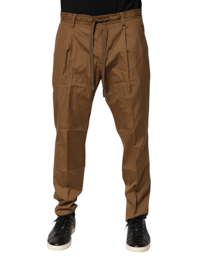 Brown Cotton Chino Mid Waist Men Jogger Pants