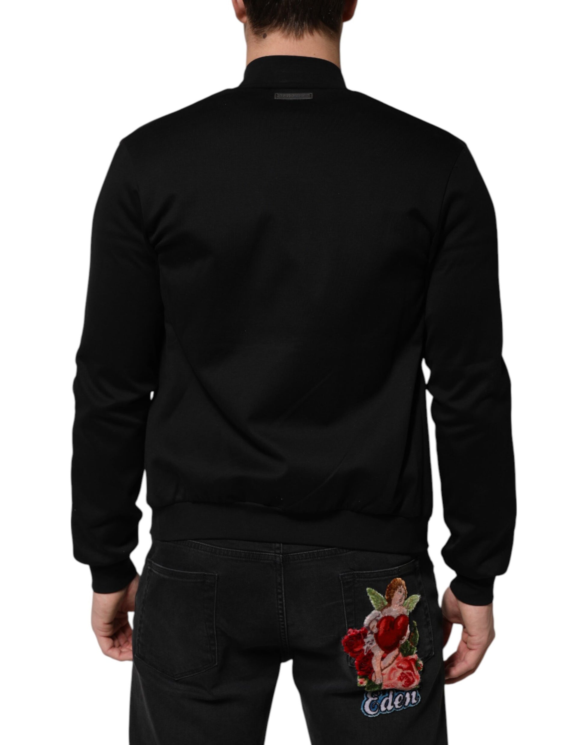 Black Cotton Logo Full Zip Men Bomber Jacket