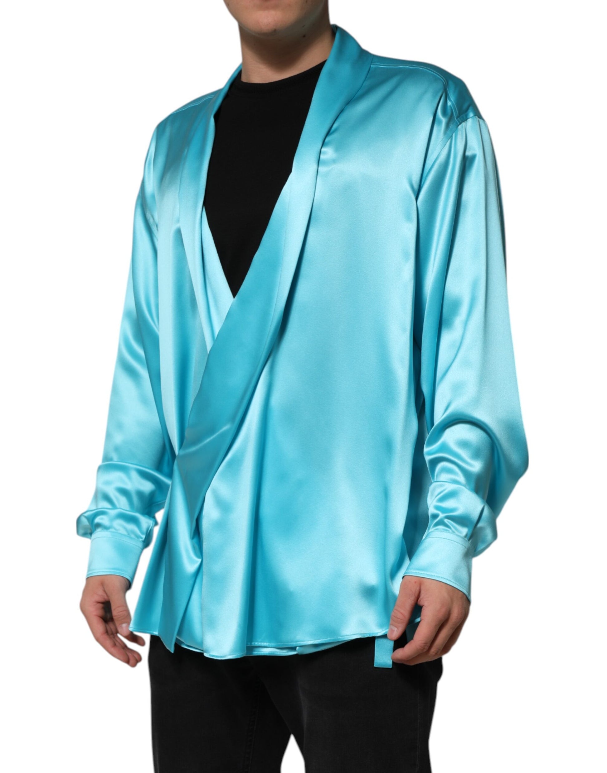 Aqua Blue Silk Wrap Style Long Sleeve Sweater
