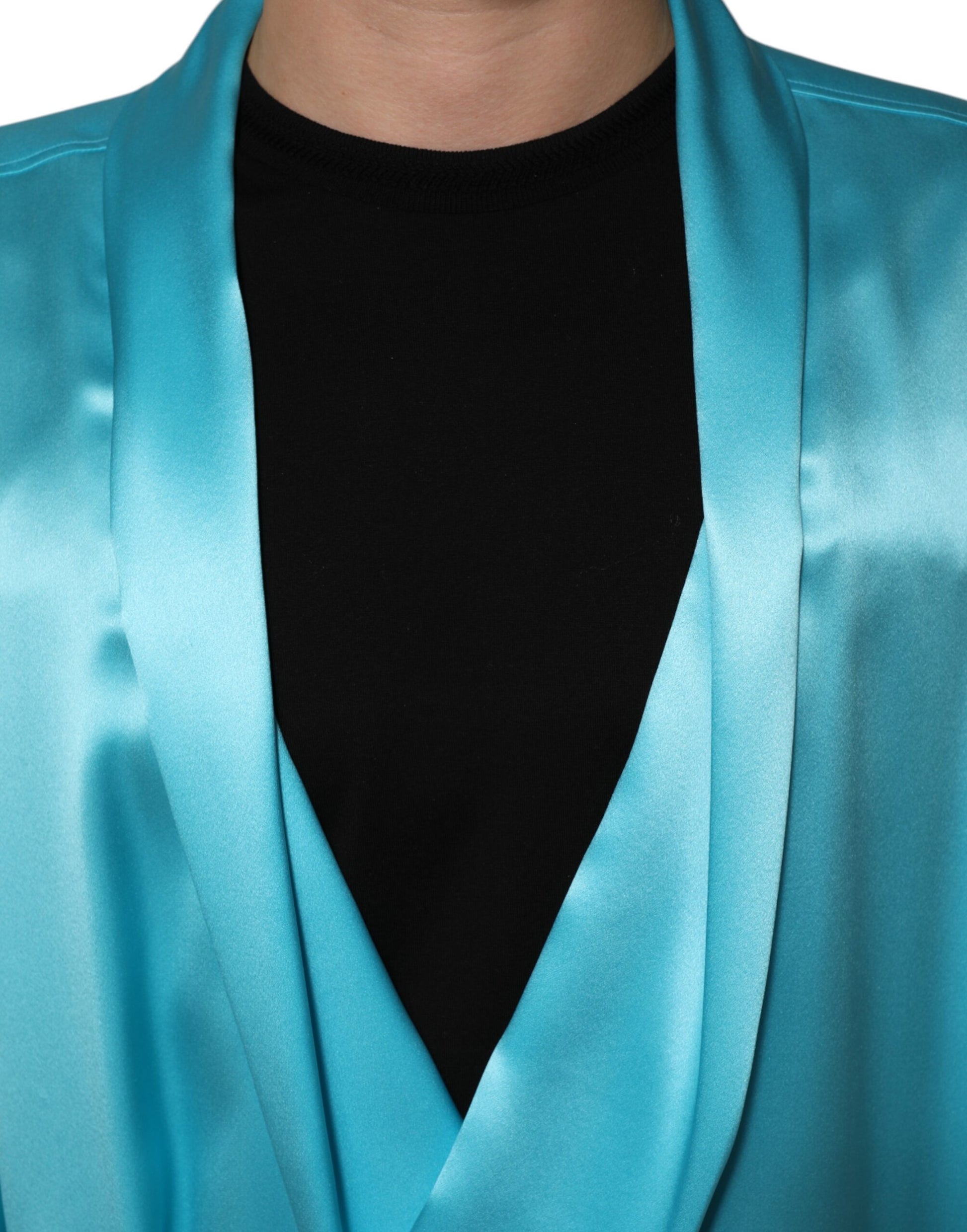 Aqua Blue Silk Wrap Style Long Sleeve Sweater