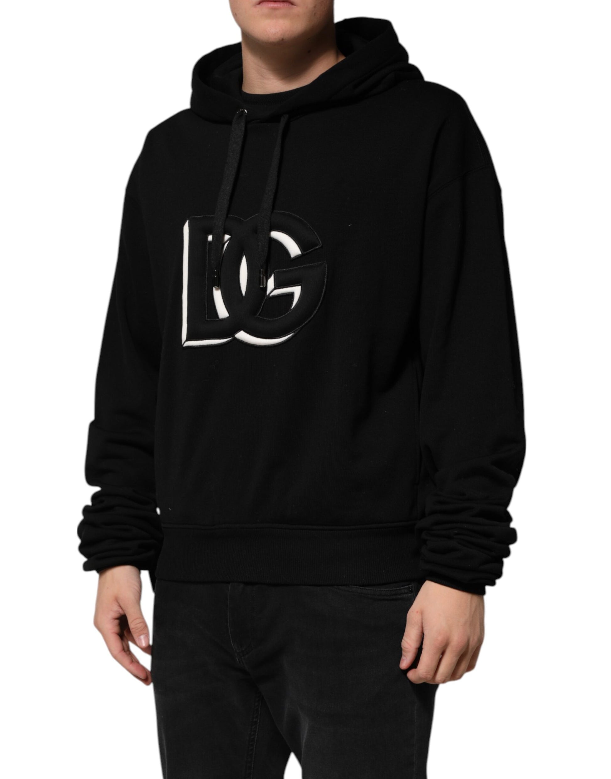Black Cotton Oversize DG Logo Patch Hoodie Sweater