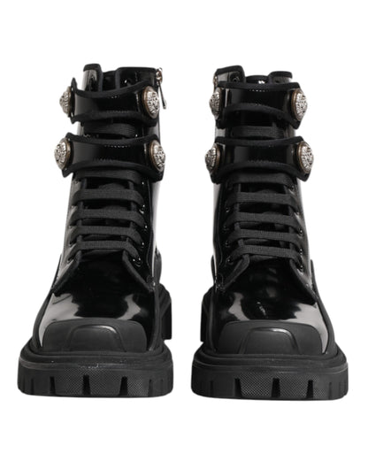 Black Leather DG Logo Combat Ankle Boots Shoes