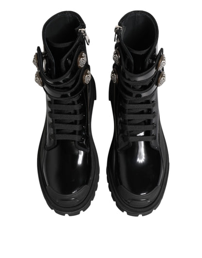 Black Leather DG Logo Combat Ankle Boots Shoes