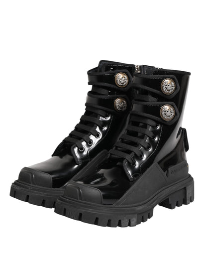 Black Leather DG Logo Combat Ankle Boots Shoes