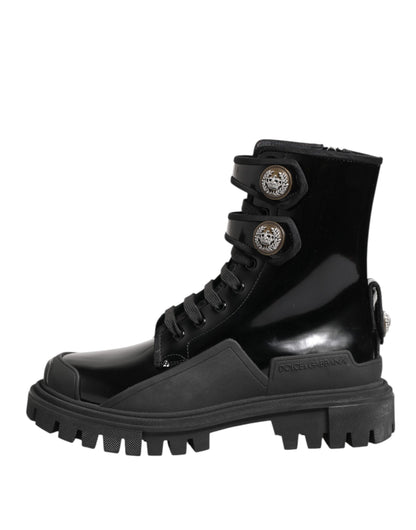 Black Leather DG Logo Combat Ankle Boots Shoes