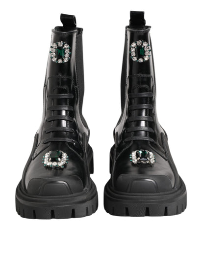 Black Crystal Embellished Combat Boots Shoes