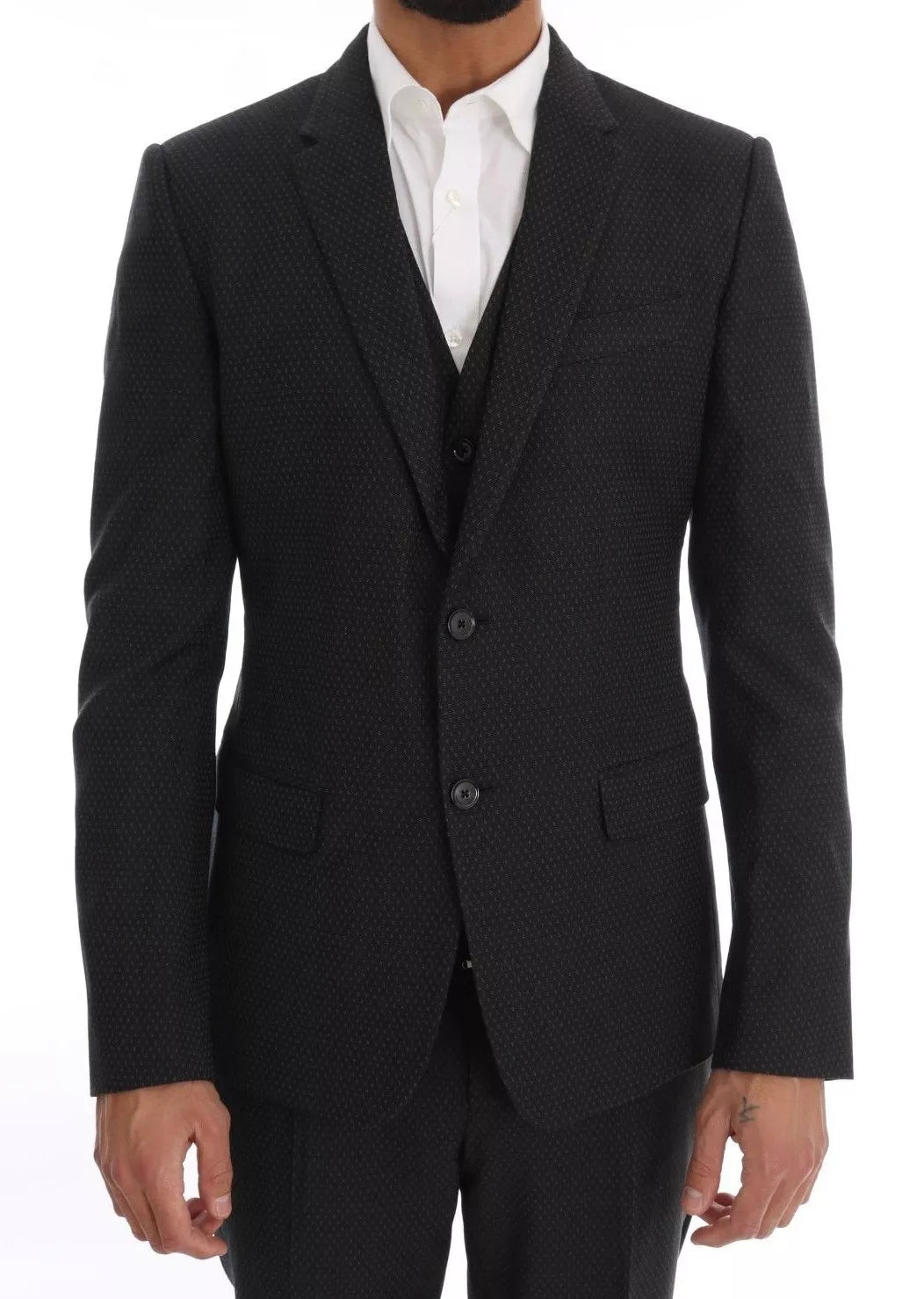 Gray Patterned Wool 3 Piece Slim Suit