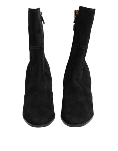 Black Suede Leather Mid Calf Boots Shoes