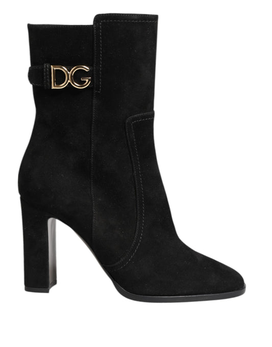 Black Suede Leather Mid Calf Boots Shoes