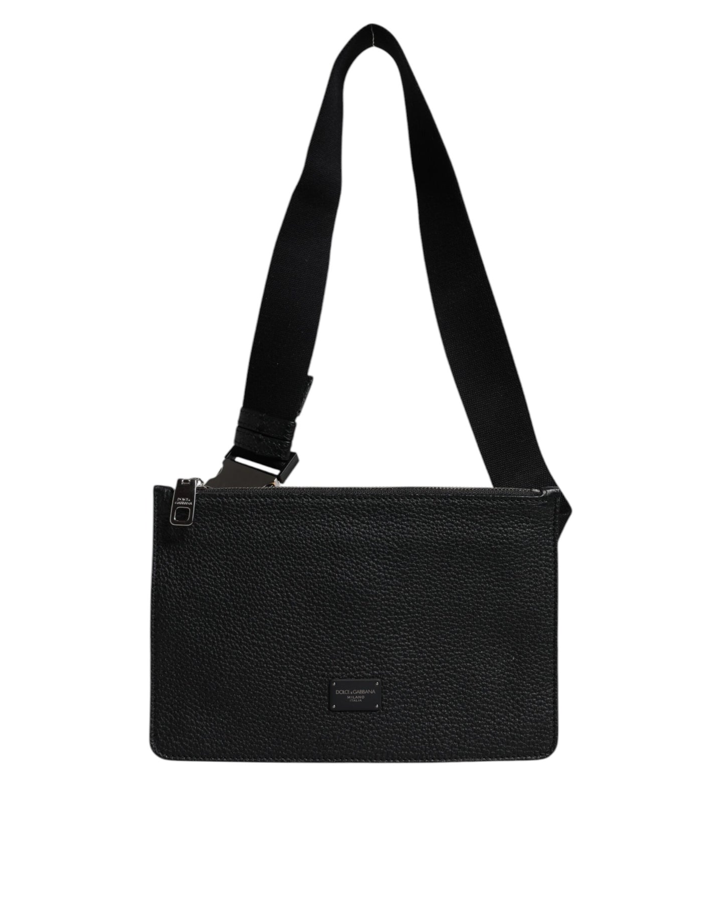 Black Leather Logo Embossed Men Waist Fanny Pack Bag