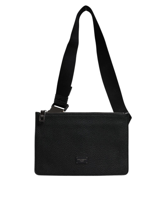 Black Leather Logo Embossed Men Waist Fanny Pack Bag