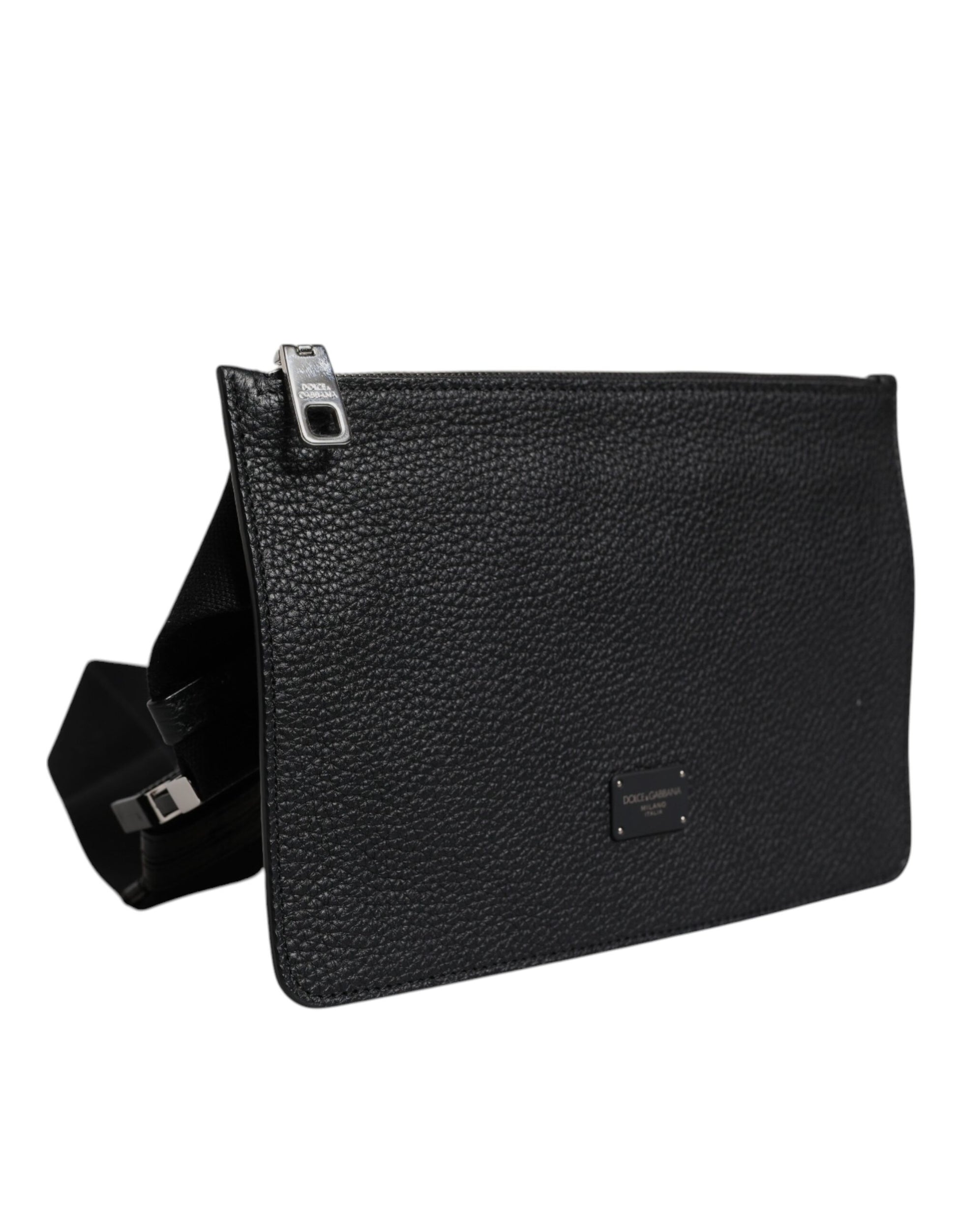 Black Leather Logo Embossed Men Waist Fanny Pack Bag