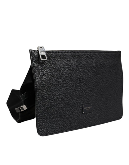 Black Leather Logo Embossed Men Waist Fanny Pack Bag