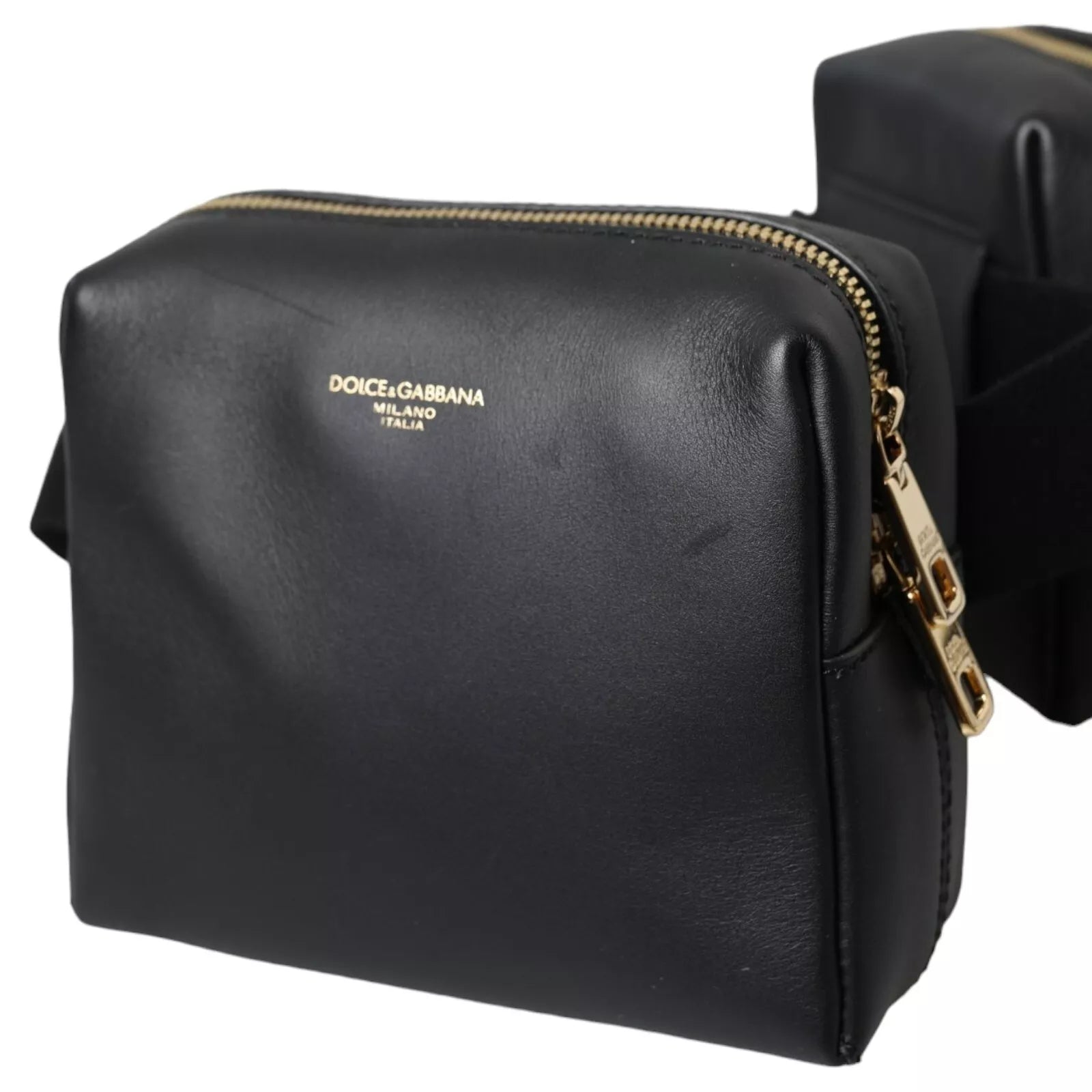 Black Calfskin Leather Double Waist Belt Fanny Pack Bag