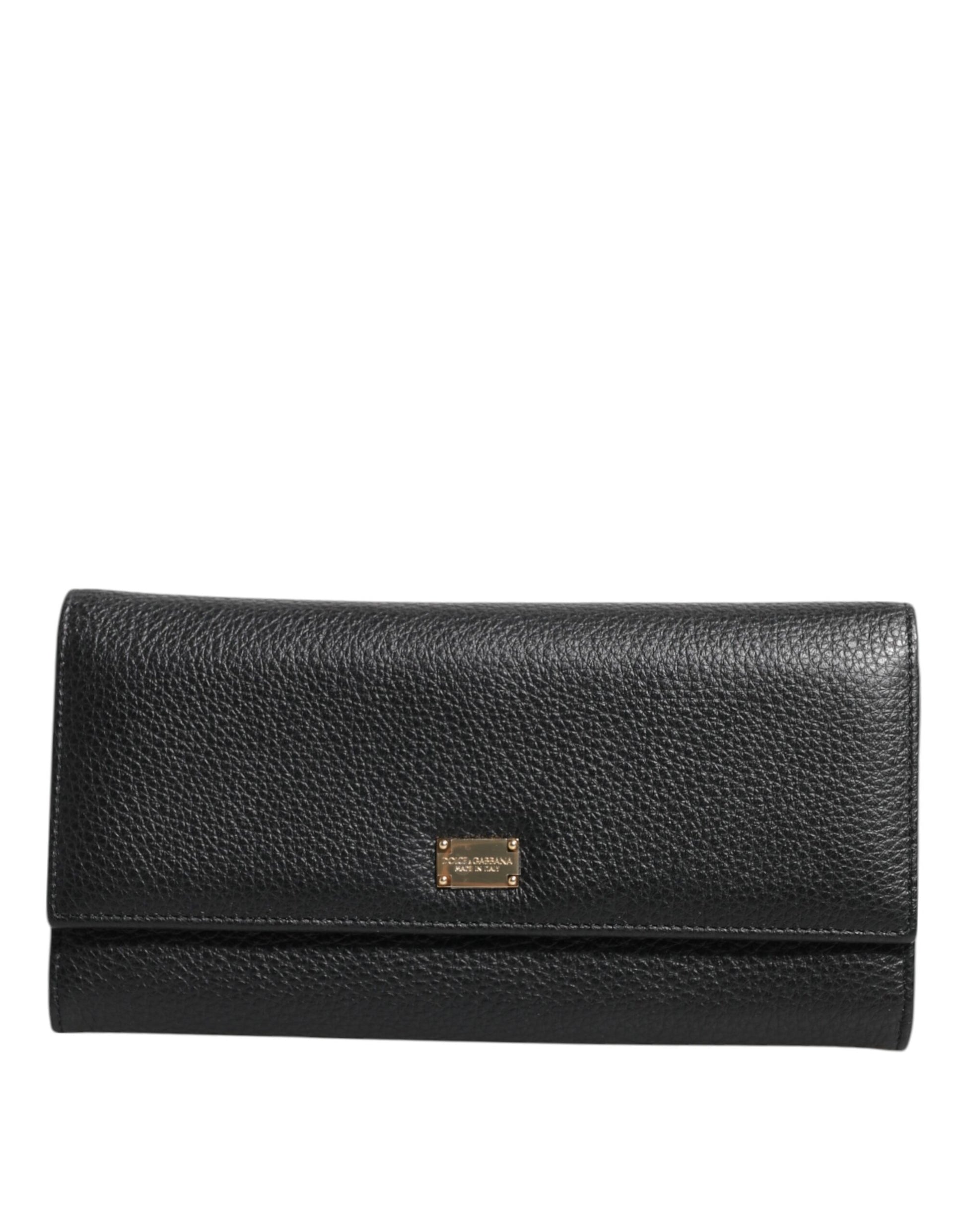 Black Leather Logo Plaque Card Holder Trifold Wallet