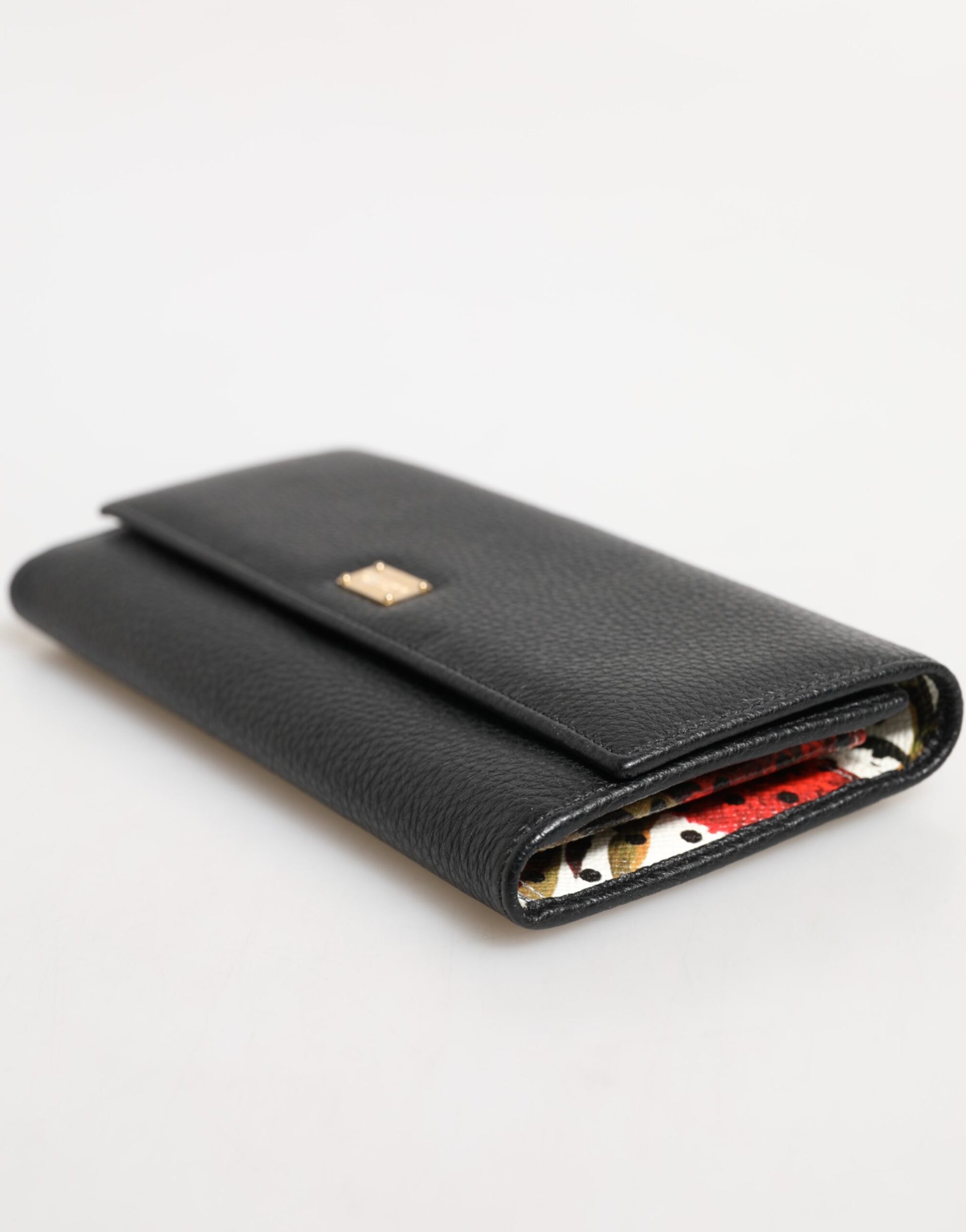 Black Leather Logo Plaque Card Holder Trifold Wallet