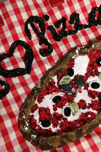 Red I Love Pizza Rhinestone Embellished Tote Bag