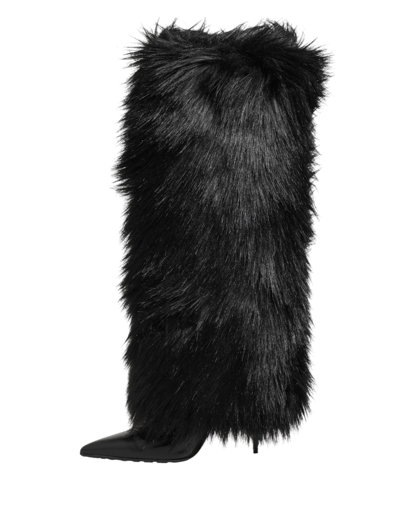 Black Faux Fur Pointed Knee High Stiletto Boots Shoes