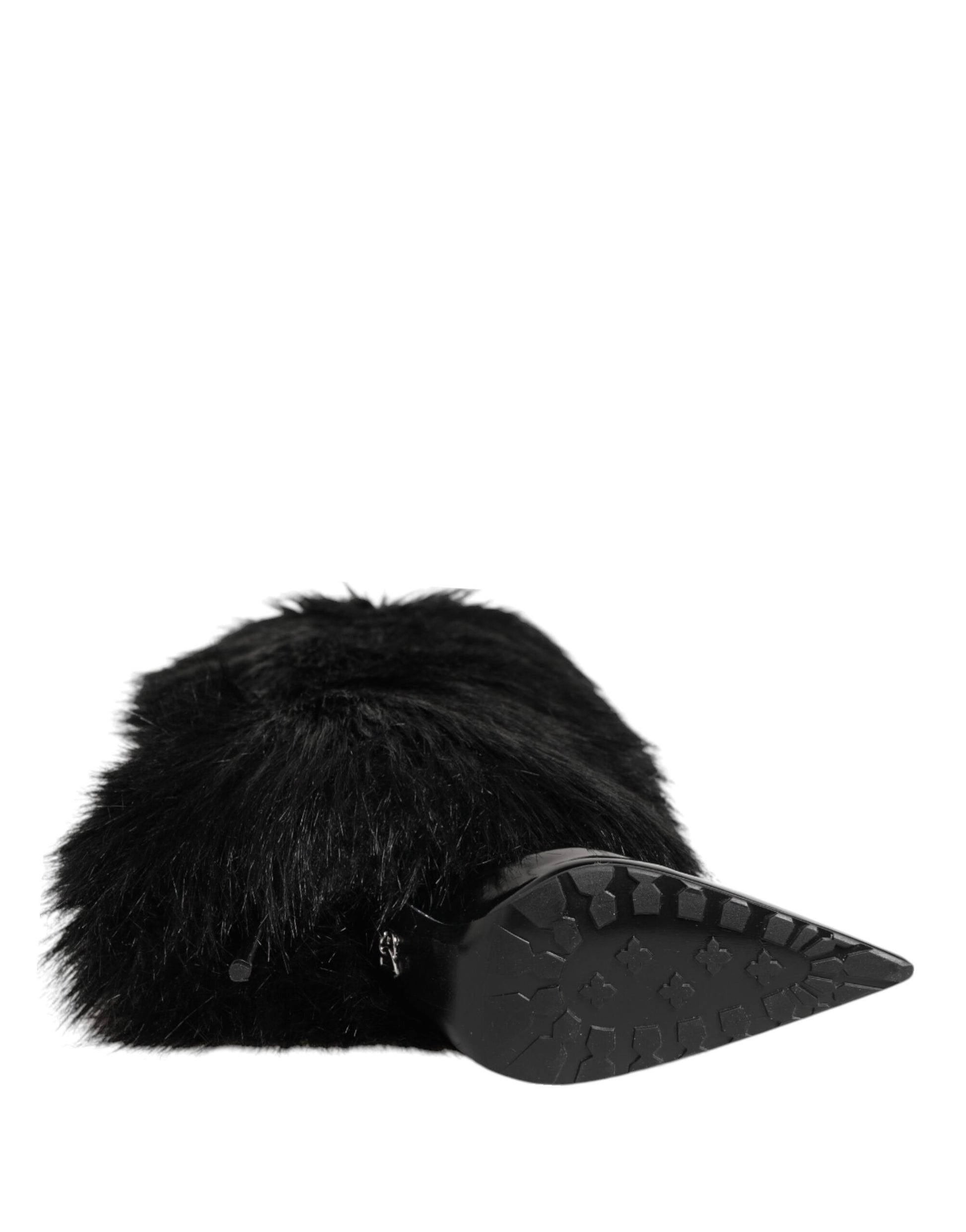 Black Faux Fur Pointed Knee High Stiletto Boots Shoes