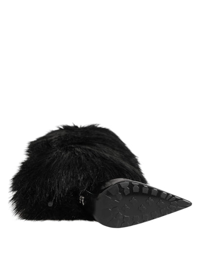 Black Faux Fur Pointed Knee High Stiletto Boots Shoes
