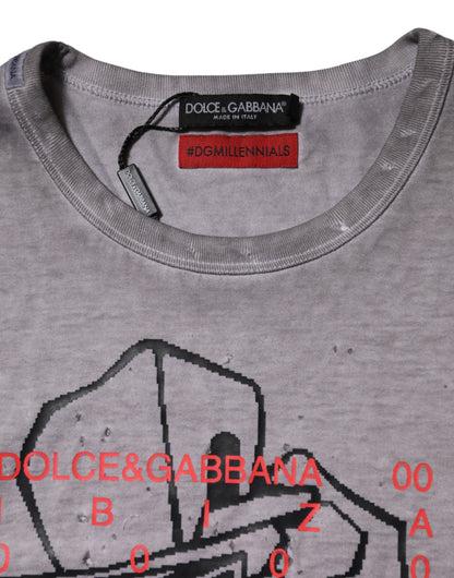 Gray Graphic Print Cotton Crew Neck T-shirt