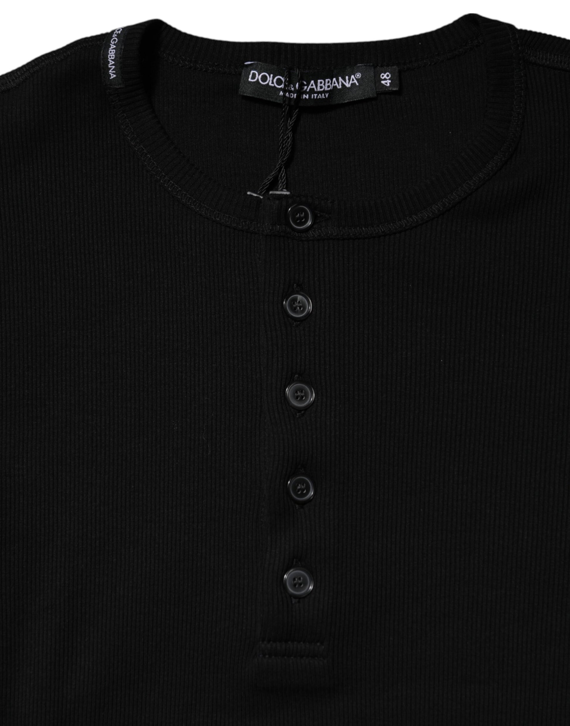 Black Cotton Knit Crew Neck Henley T-shirt