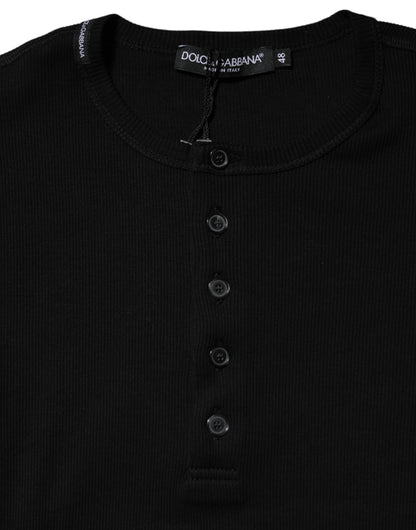 Black Cotton Knit Crew Neck Henley T-shirt