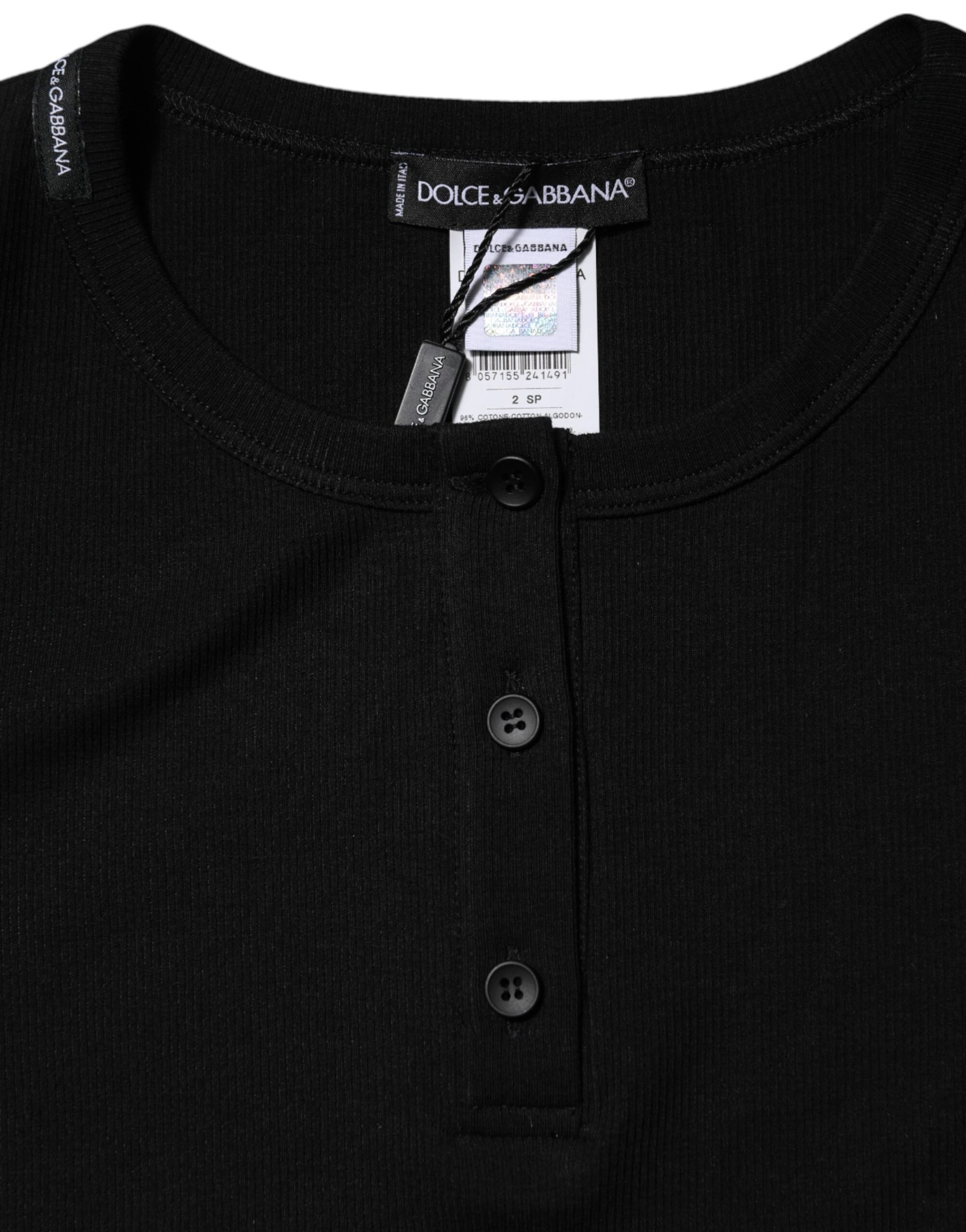 Black Cotton Henley Short Sleeves Top T-shirt
