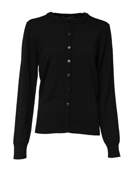 Black Wool Knit Crew Neck Cardigan Sweater