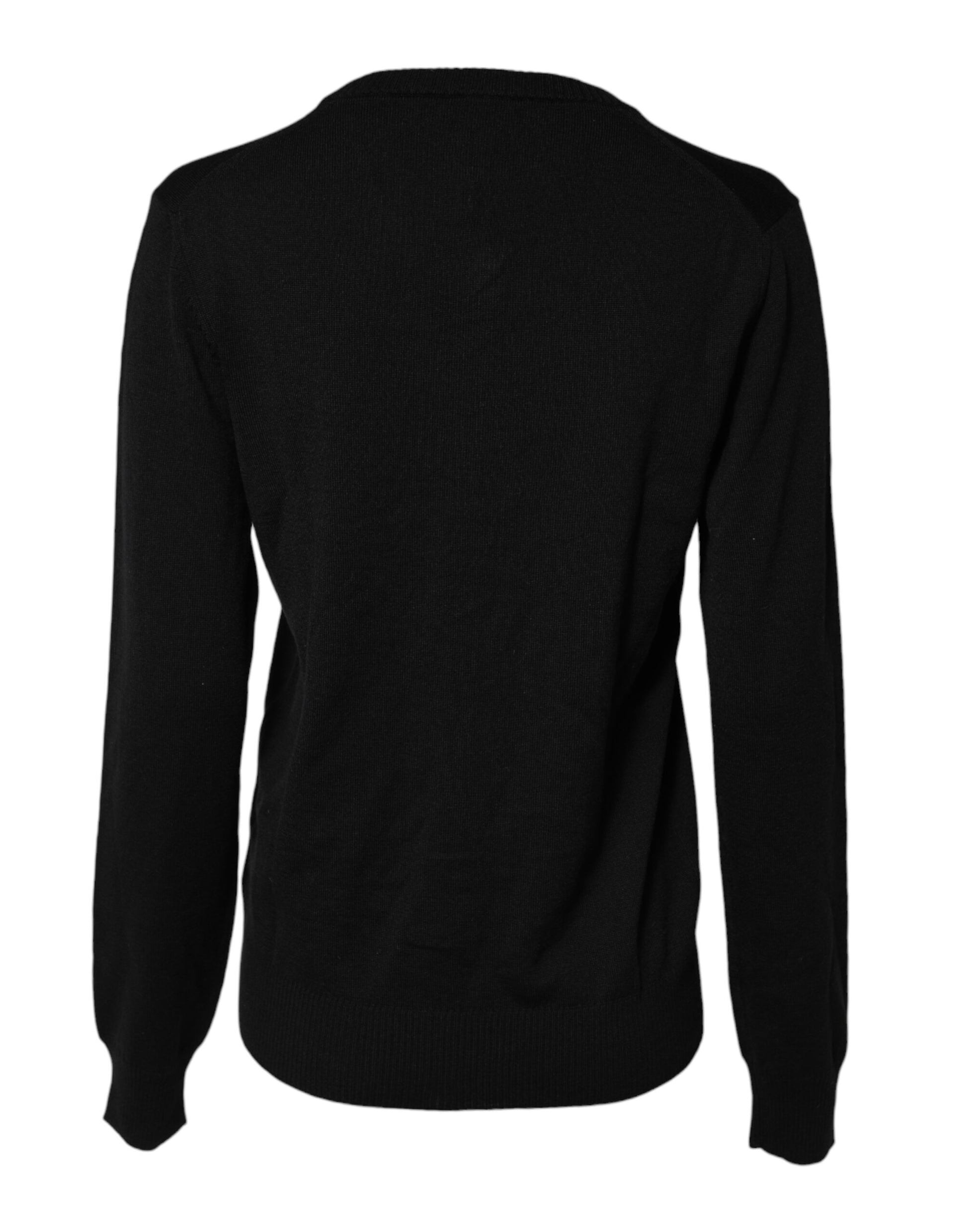 Black Wool Knit Crew Neck Cardigan Sweater