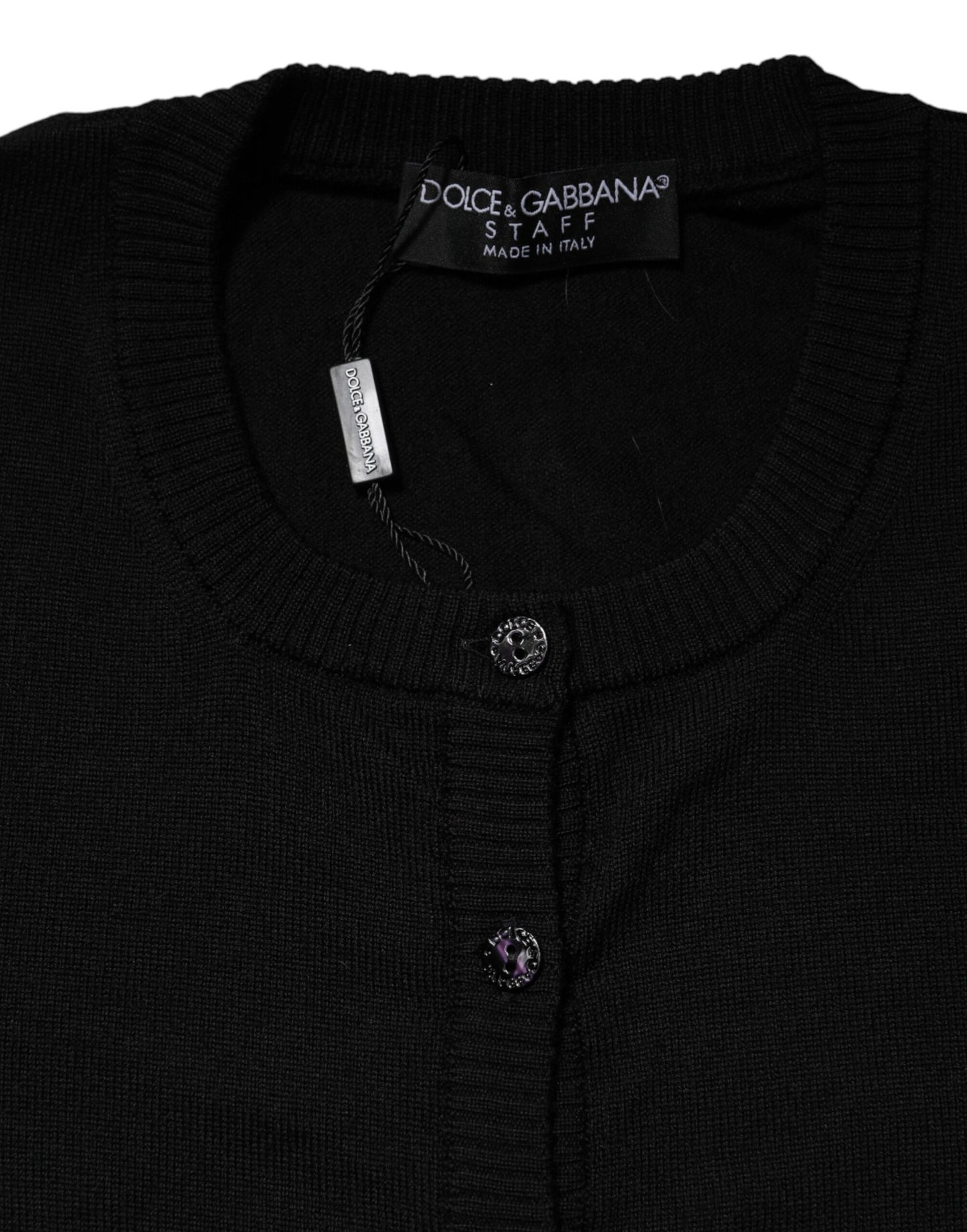Black Wool Knit Crew Neck Cardigan Sweater