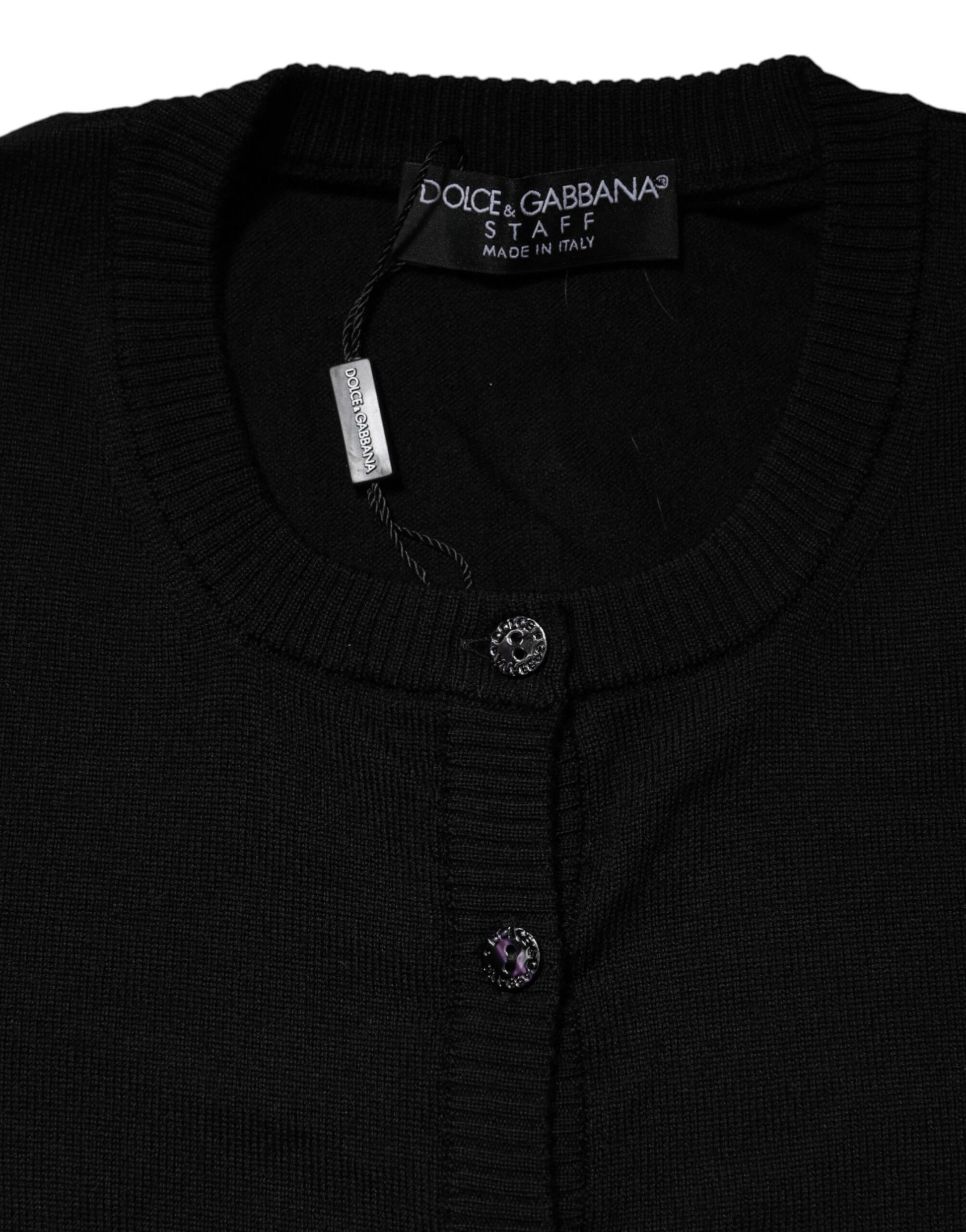 Black Wool Knit Crew Neck Cardigan Sweater