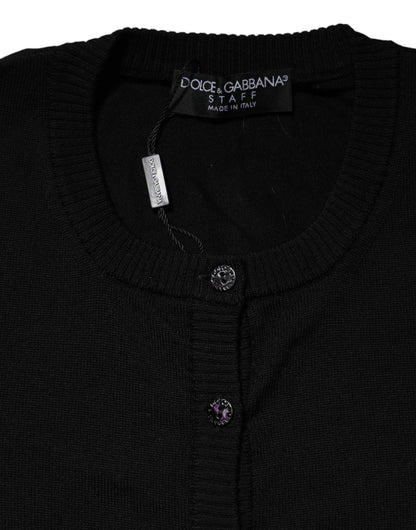 Black Wool Knit Crew Neck Cardigan Sweater