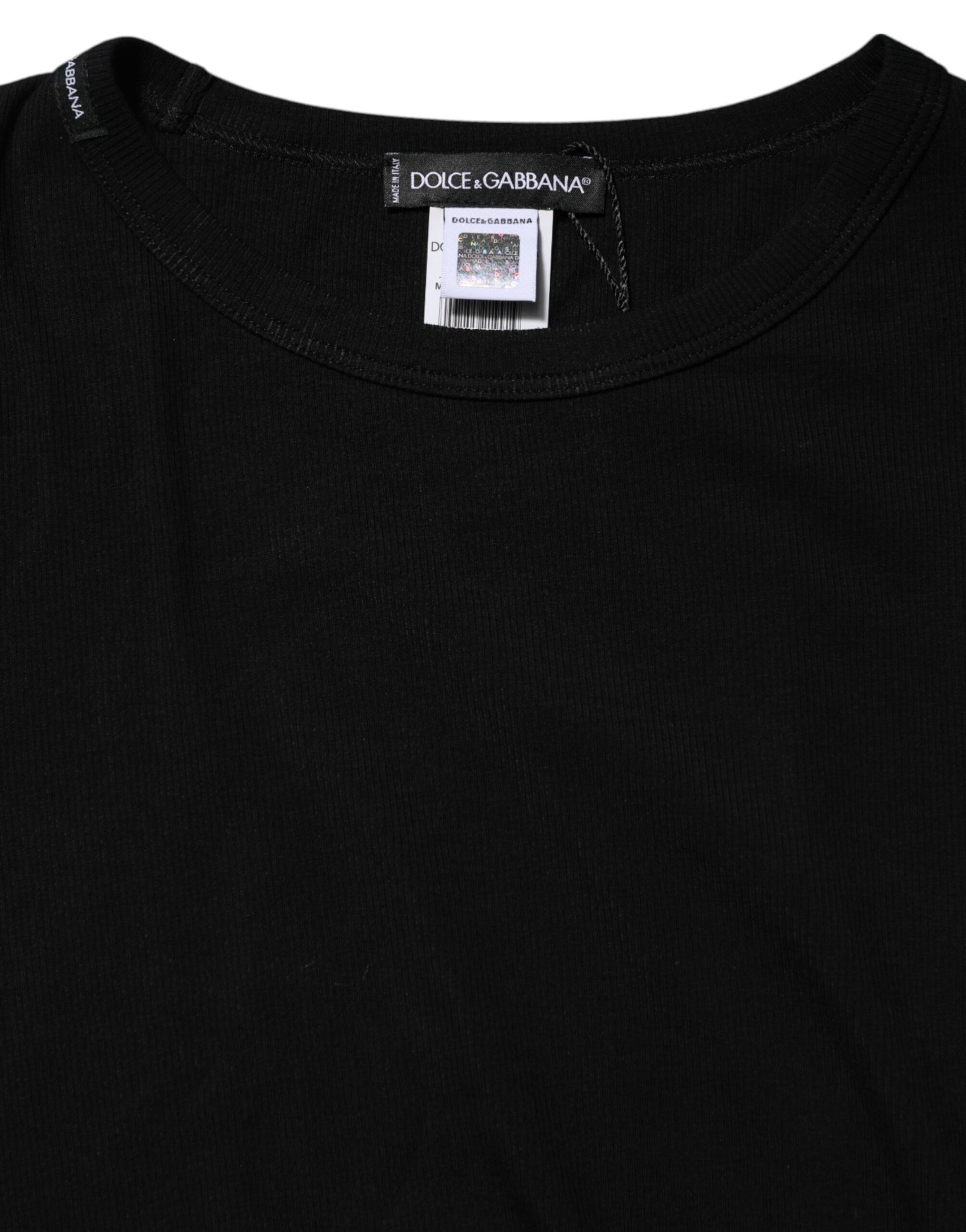Black Cotton Knit Round Neck Long Sleeves T-shirt
