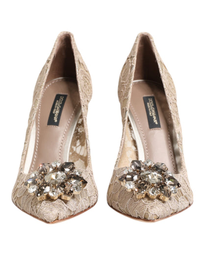 Beige Taormina Lace Crystal Heels Pumps Shoes
