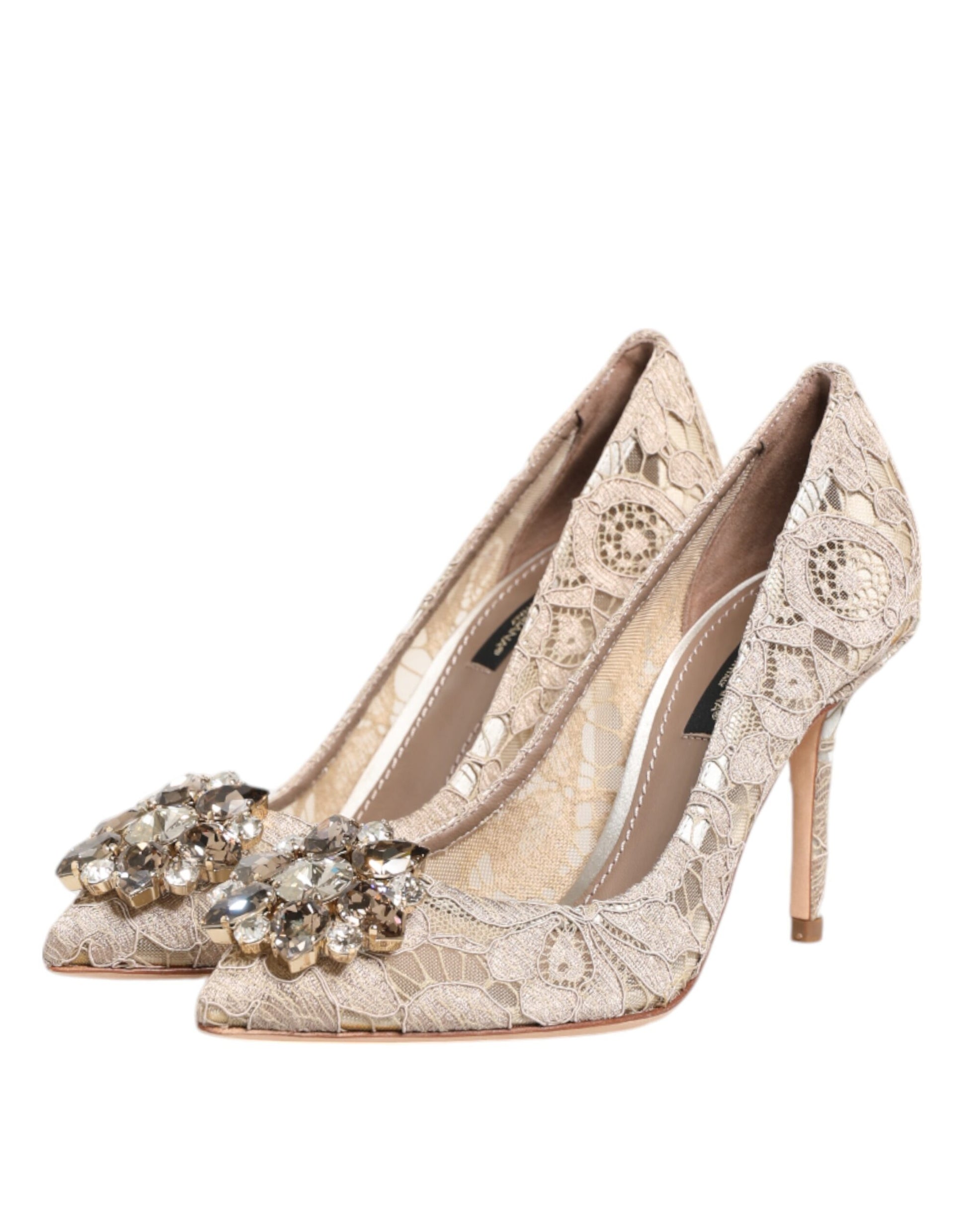 Beige Taormina Lace Crystal Heels Pumps Shoes