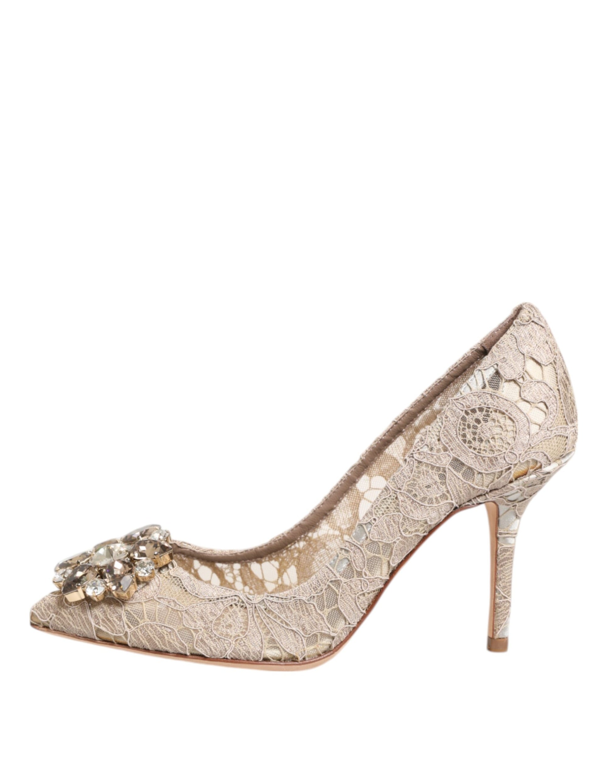 Beige Taormina Lace Crystal Heels Pumps Shoes