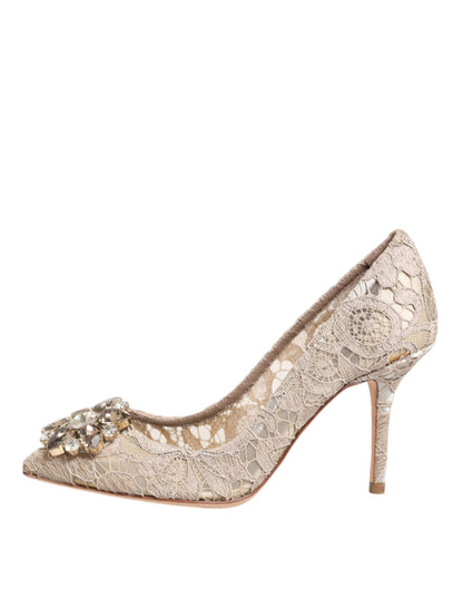 Beige Taormina Lace Crystal Heels Pumps Shoes