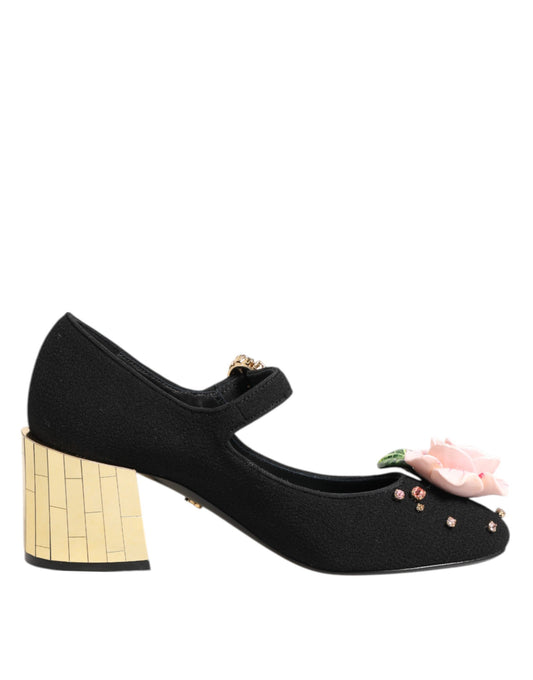 Black Flower Crystal Embellished Mary Jane Shoes