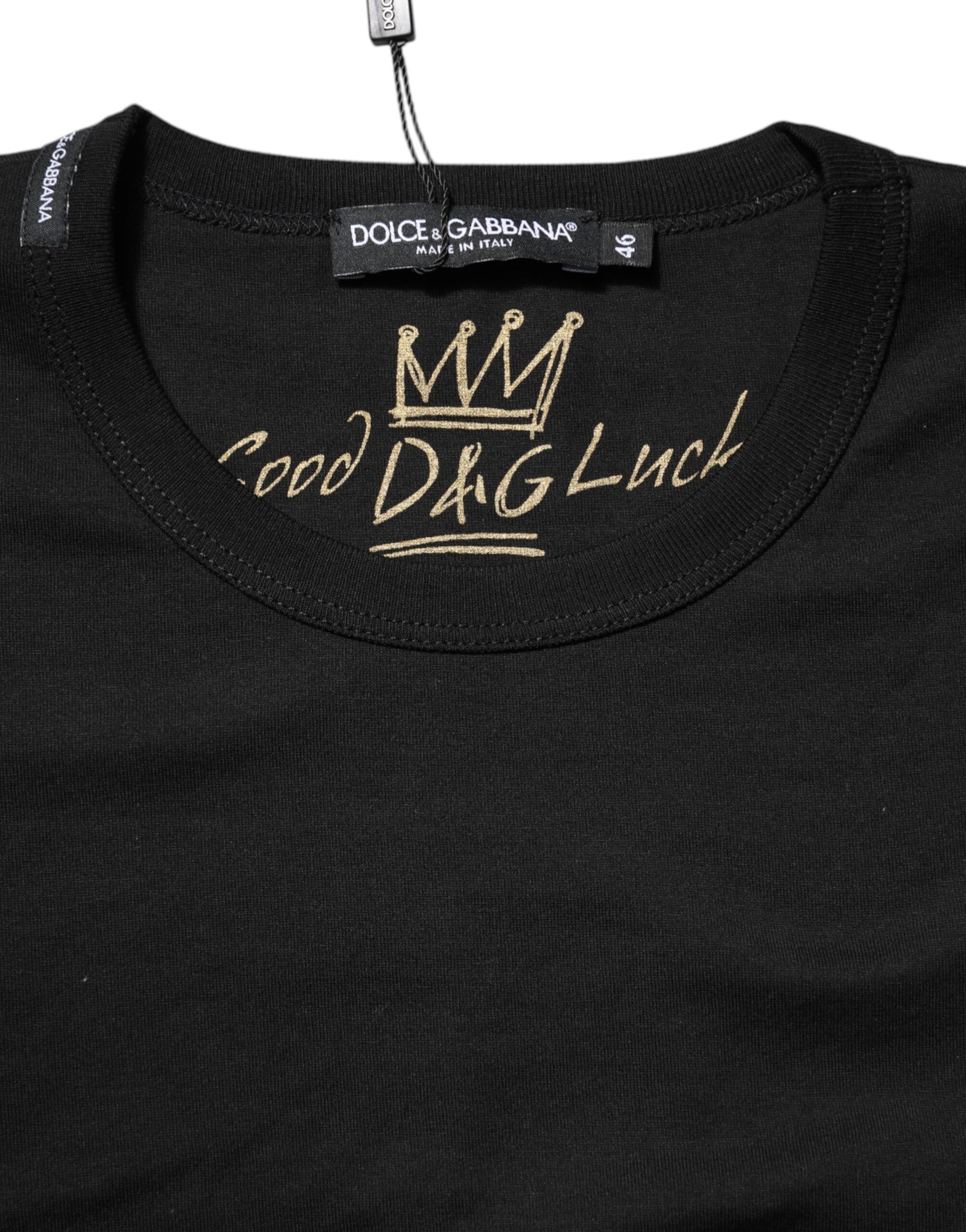 Black Cotton Goodluck Tee Crew Neck T-shirt