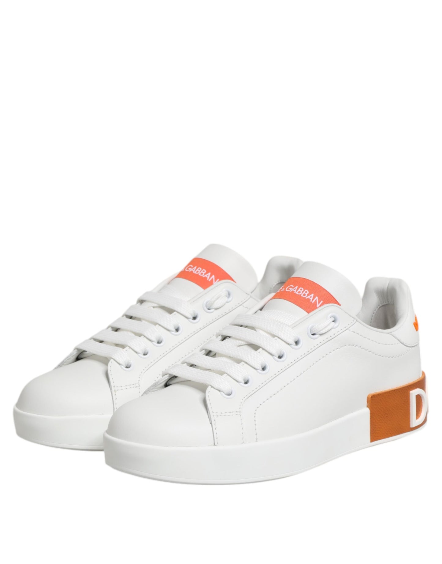 White Orange Leather Low Top Sneakers Shoes