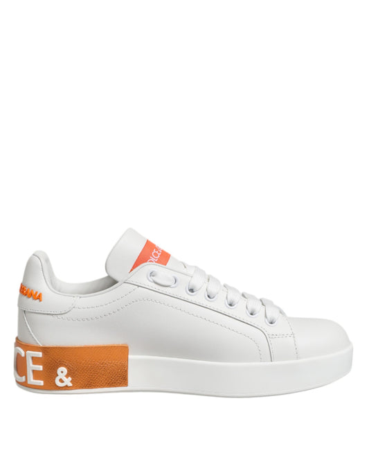 White Orange Leather Low Top Sneakers Shoes