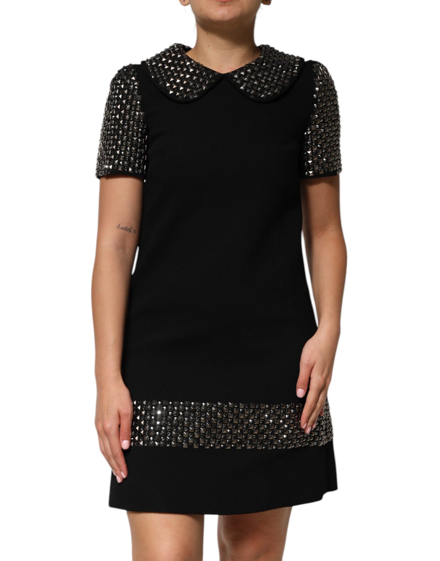 Black Crystal Embellished Collared Mini Dress