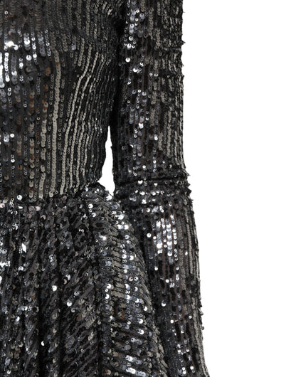 Black Sequined Long Sleeves Midi A-line  Dress