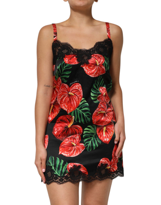 Black Floral Lace Trim Chemise Lingerie Dress