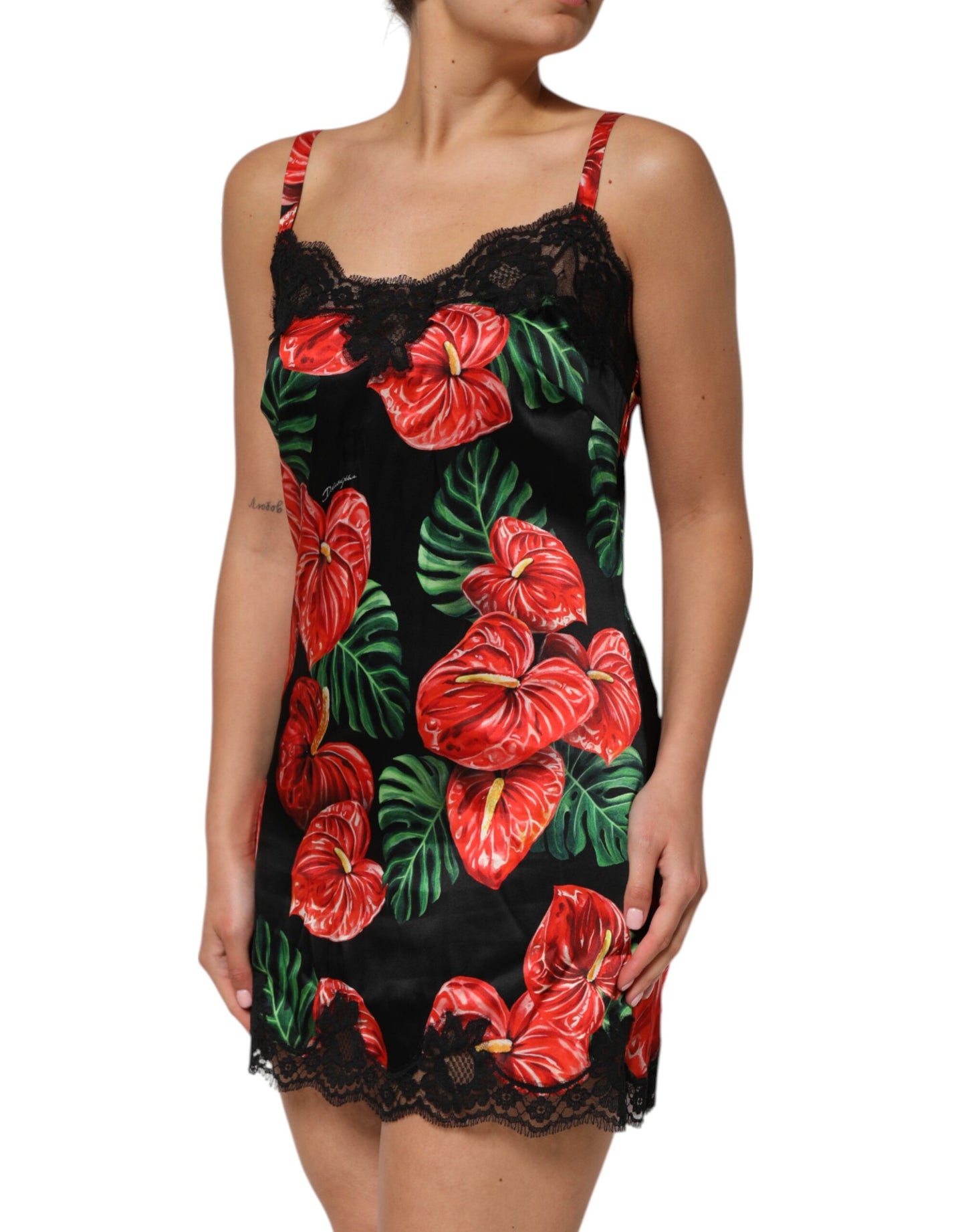 Black Floral Lace Trim Chemise Lingerie Dress