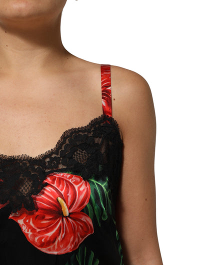 Black Floral Lace Trim Chemise Lingerie Dress