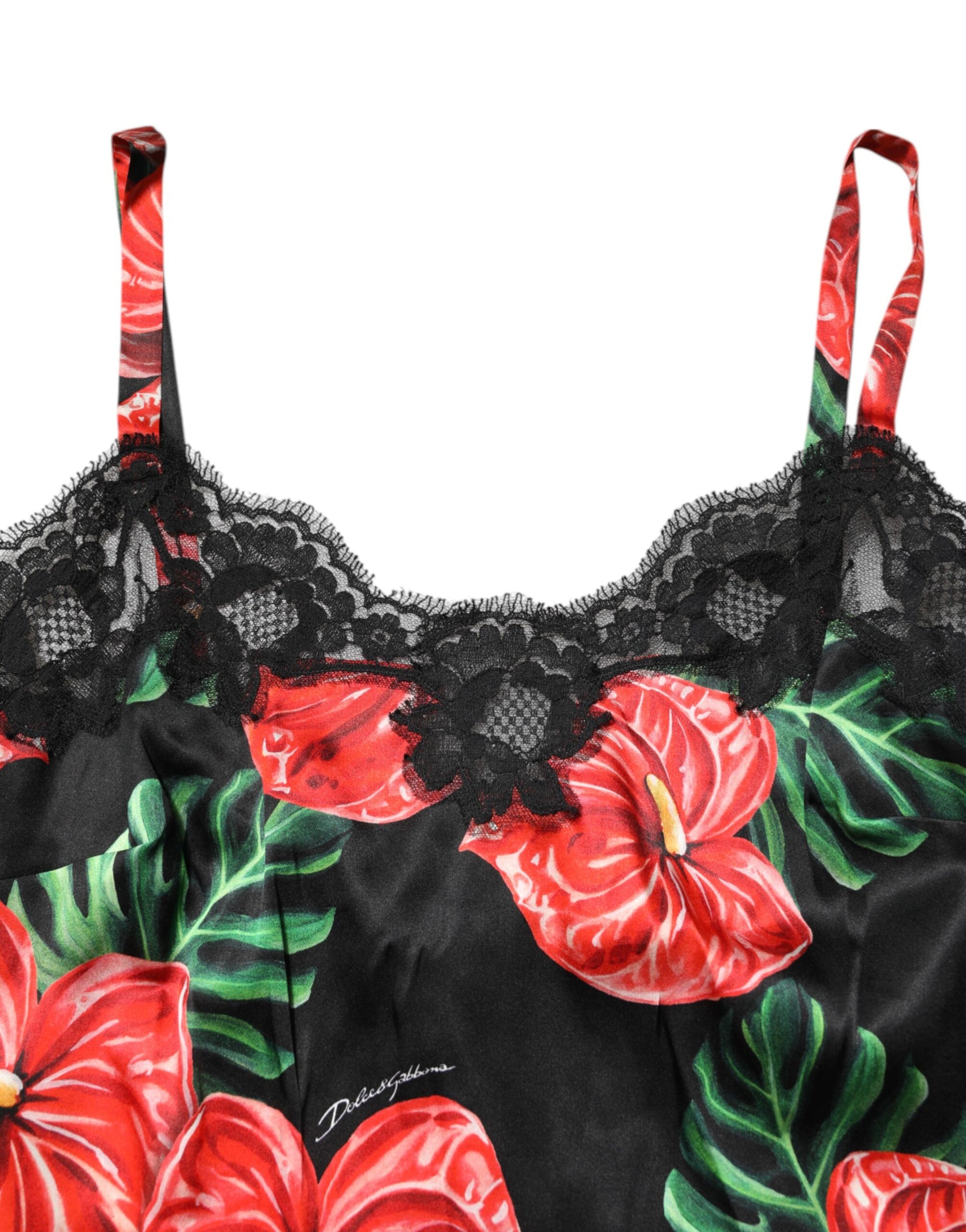 Black Floral Lace Trim Chemise Lingerie Dress