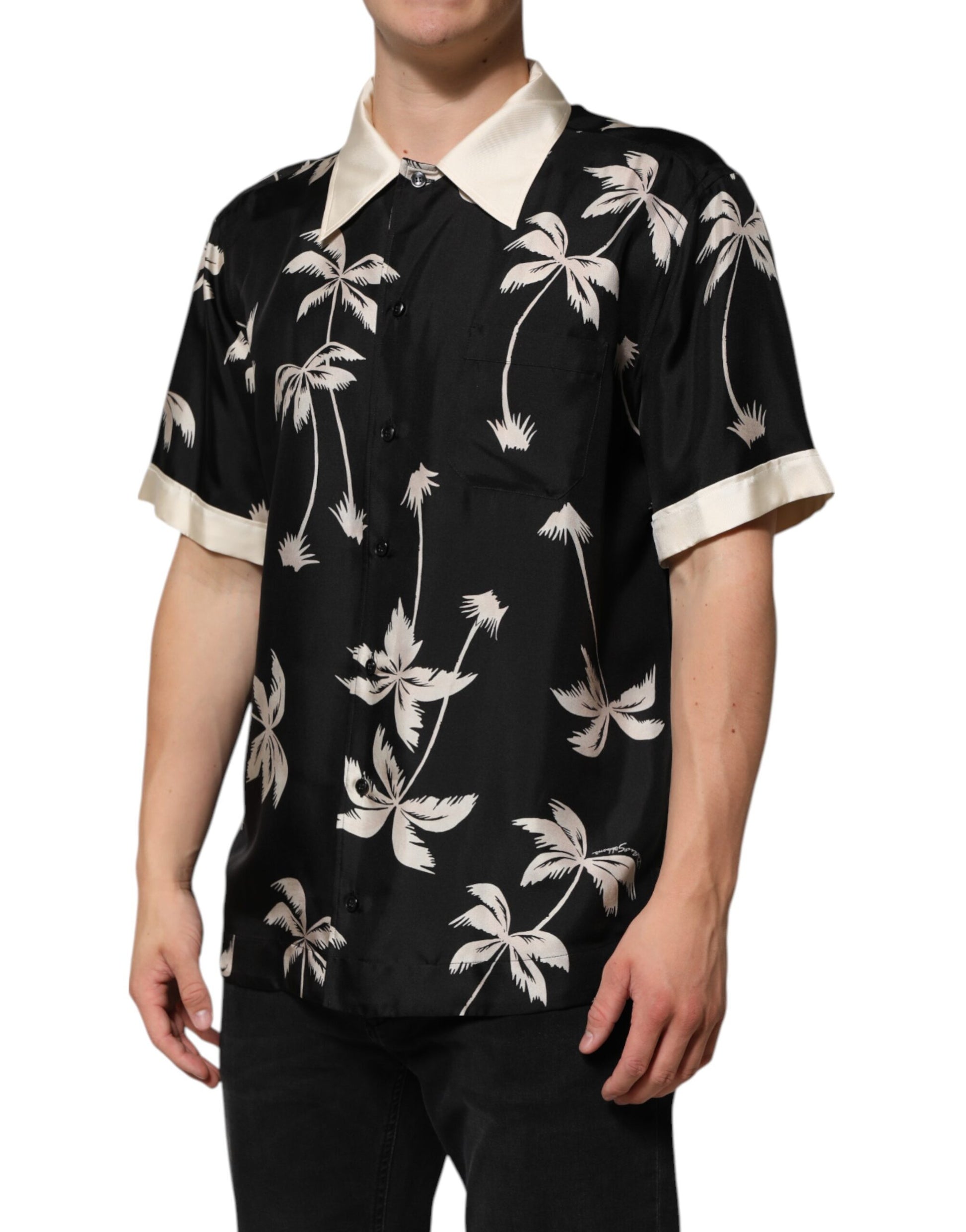 Black Printed Silk Short Sleeves Casual Shirt