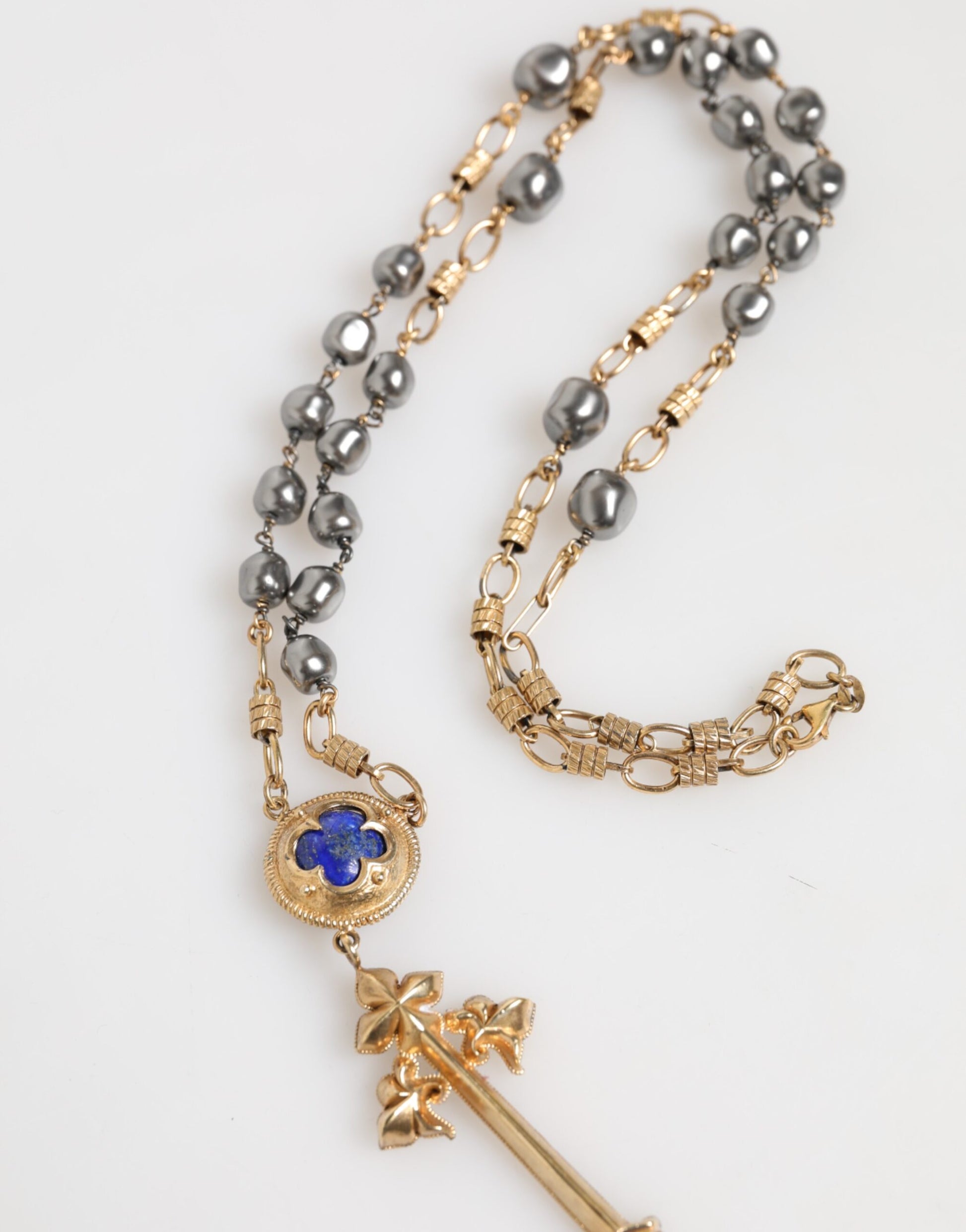 Gold Tone Beaded Chain Religious Cross Necklace
